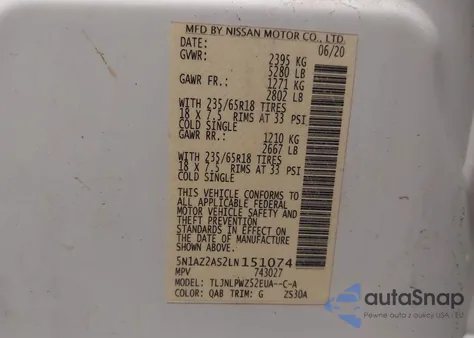 2020 Nissan Murano S Intelligent Awd z USA, uszkodzony, nr VIN 5N1AZ2AS2LN151074